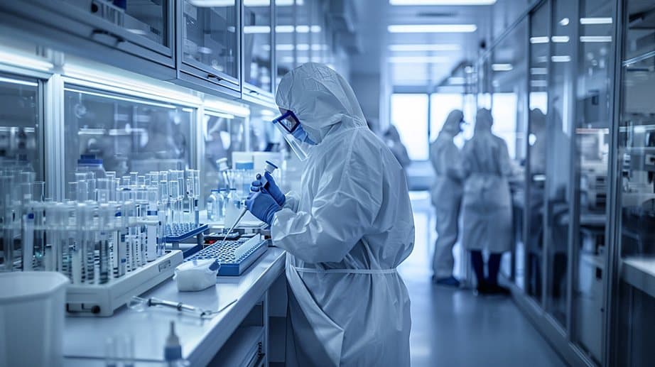 Technician working in a sterile cleanroom laboratory