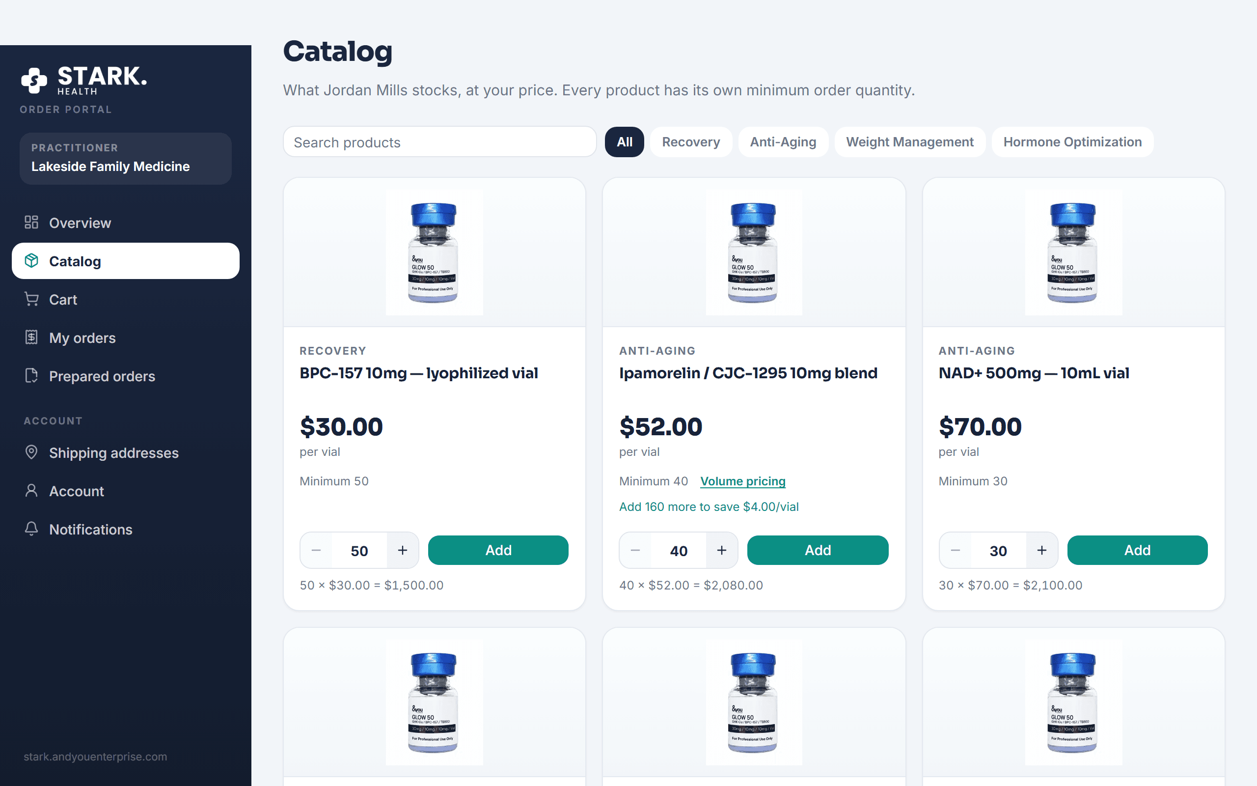 The ordering portal, showing an approved practice browsing its own catalog at its own standing pricing